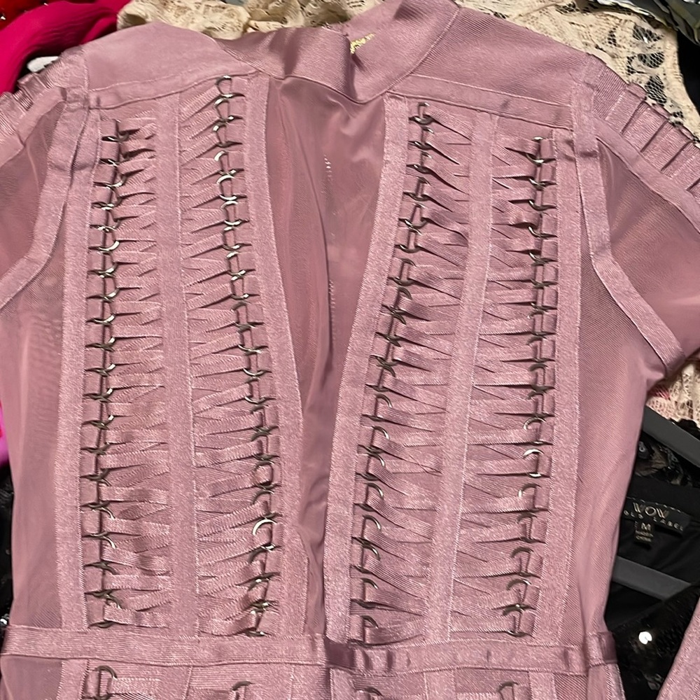 WOW COUTURE Pink Sexy Bandage Dress With Gold Embellished.